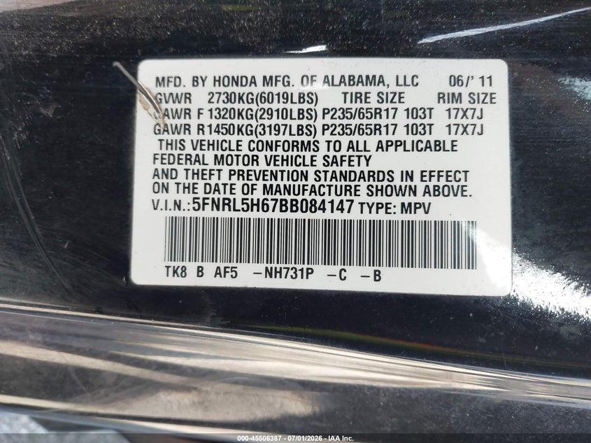 2011 HONDA ODYSSEY VAN 3.5L V-6 VVT, 248HP