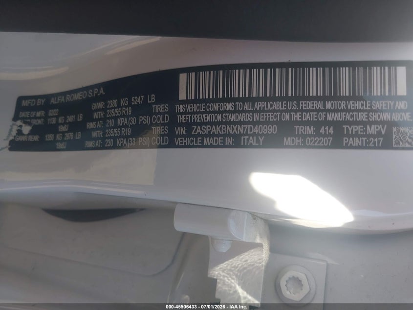 2022 Alfa Romeo Stelvio Ti Awd VIN: ZASPAKBNXN7D40990 Lot: 45506433