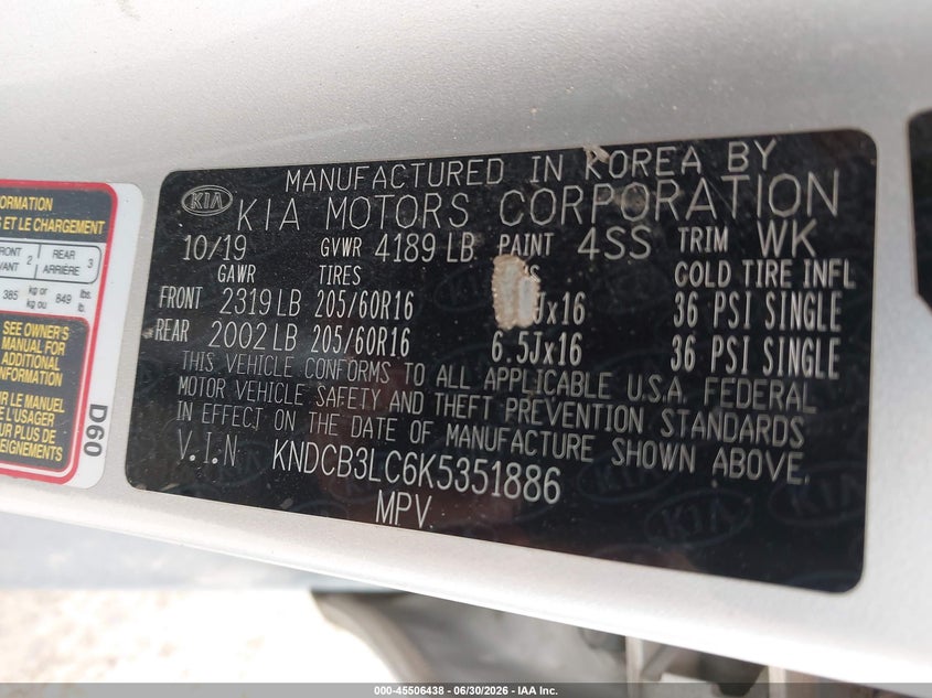 2019 Kia Niro Lx VIN: KNDCB3LC6K5351886 Lot: 45506438