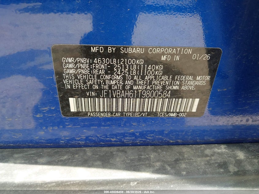 2026 Subaru Wrx Premium VIN: JF1VBAH61T9800584 Lot: 45506459