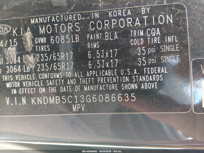2016 Kia Sedona Lx VIN: KNDMB5C13G6086635 Lot: 45506482
