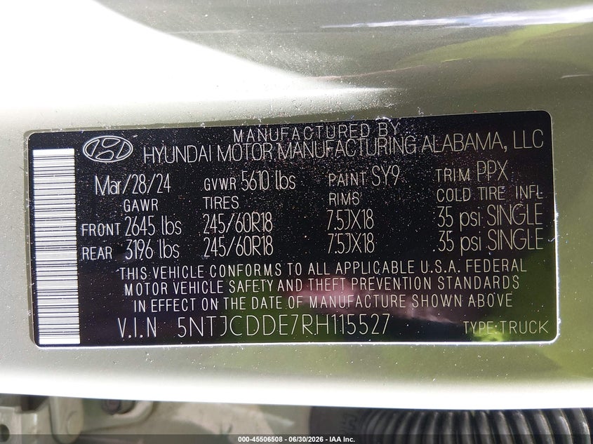 2024 Hyundai Santa Cruz Sel VIN: 5NTJCDDE7RH115527 Lot: 45506508