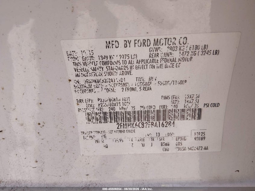 2015 Ford Flex Sel VIN: 2FMHK6C82FBA16284 Lot: 45506554