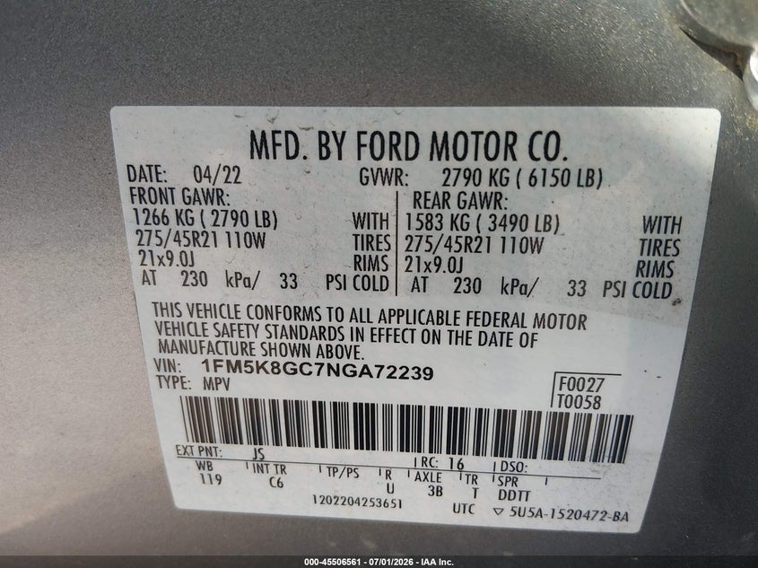 VIN 1FM5K8GC7NGA72239 2022 FORD EXPLORER ST