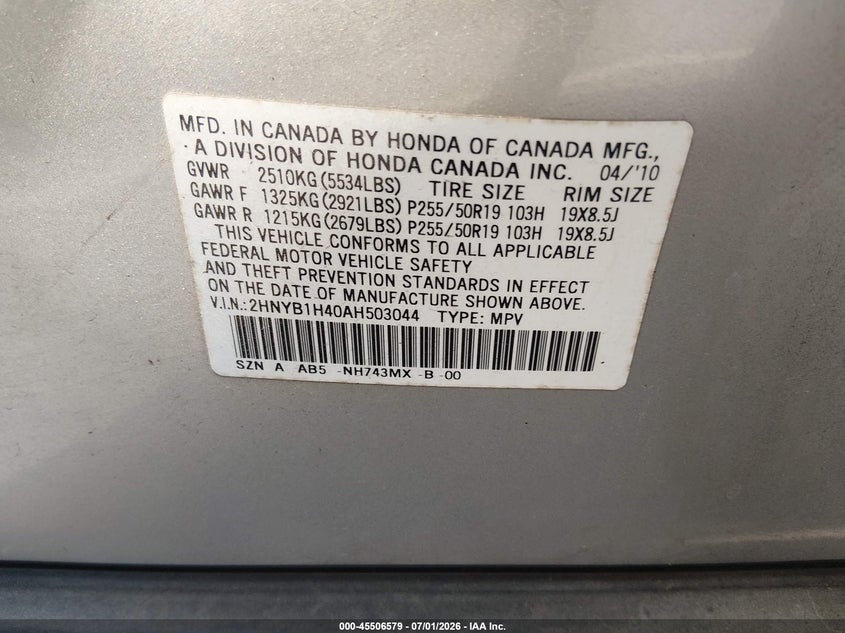 2010 Acura Zdx VIN: 2HNYB1H40AH503044 Lot: 45506579
