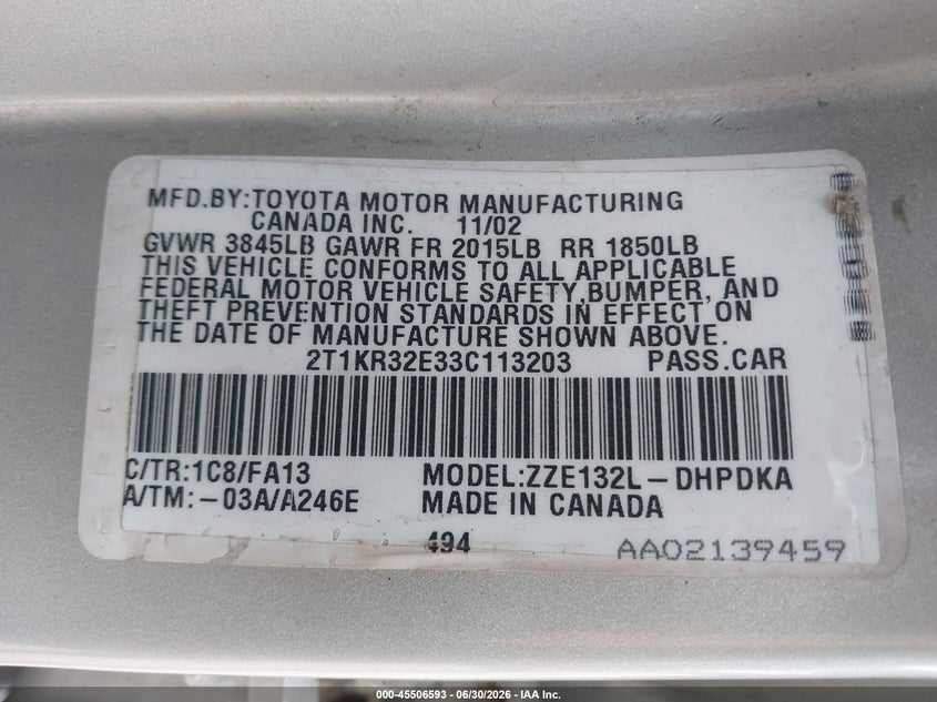 2003 Toyota Matrix Standard VIN: 2T1KR32E33C113203 Lot: 45506593
