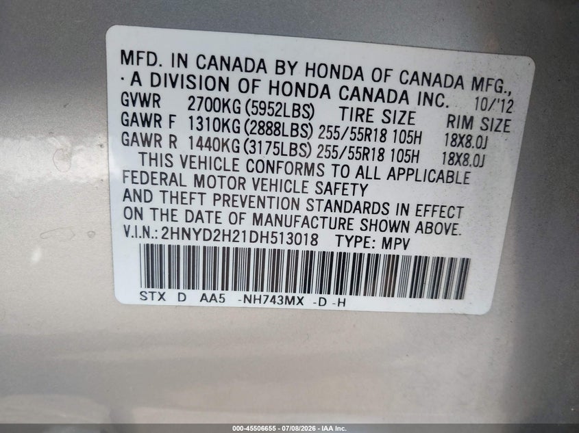 2013 Acura Mdx VIN: 2HNYD2H21DH513018 Lot: 45506655