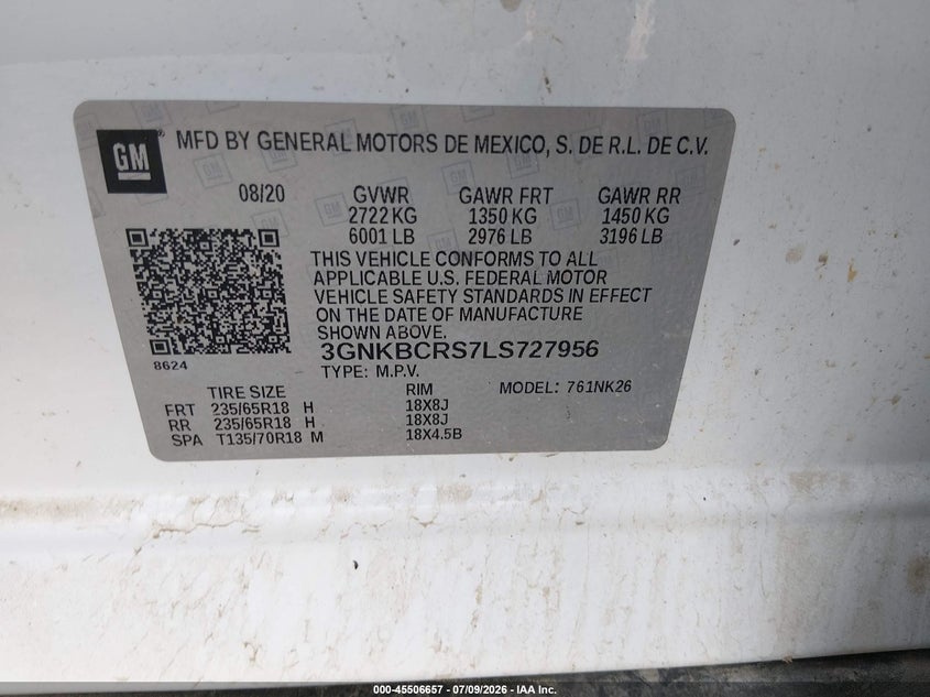 2020 Chevrolet Blazer Fwd 2Lt VIN: 3GNKBCRS7LS727956 Lot: 45506657