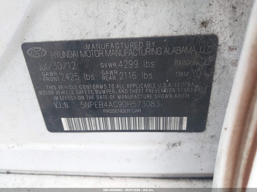 HYUNDAI SONATA 2013 VIN 5NPEB4AC9DH573083