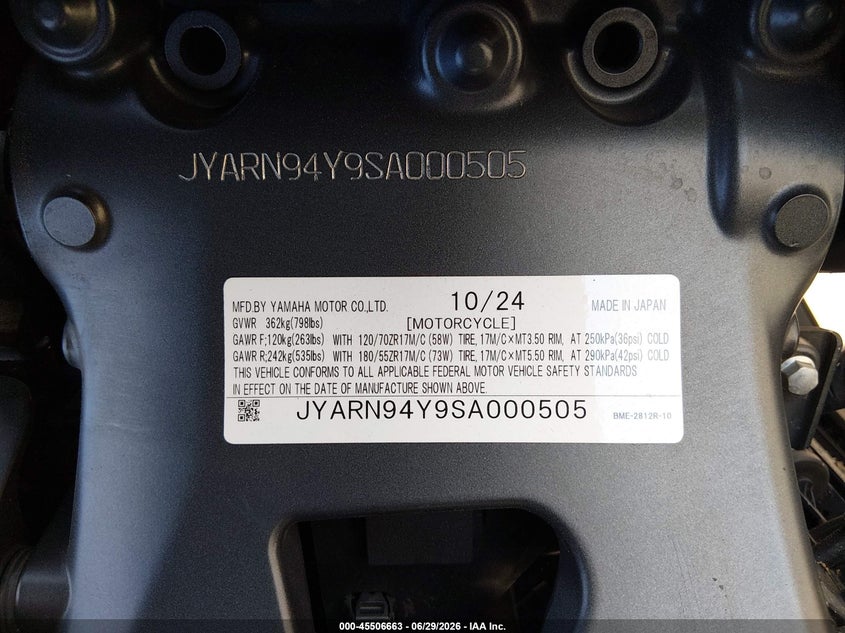 2025 Yamaha Mt09 C VIN: JYARN94Y9SA000505 Lot: 45506663