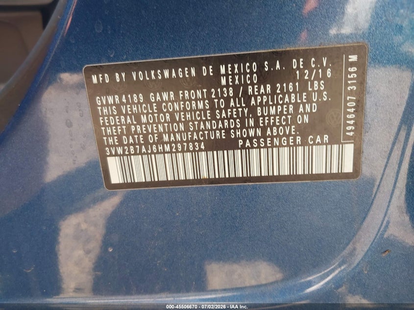 2017 VOLKSWAGEN JETTA SEDAN 1.4L I-4 DI, DOHC, VVT, TURBO, 150HP