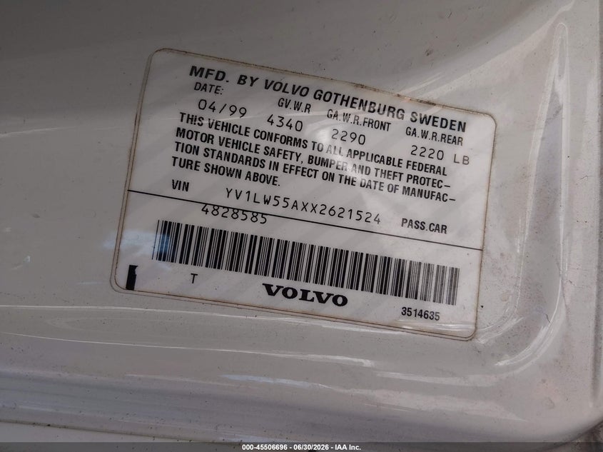 1999 Volvo V70 VIN: YV1LW55AXX2621524 Lot: 45506696