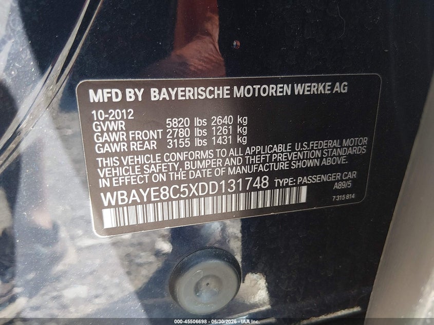 2013 BMW 750Li VIN: WBAYE8C5XDD131748 Lot: 45506698