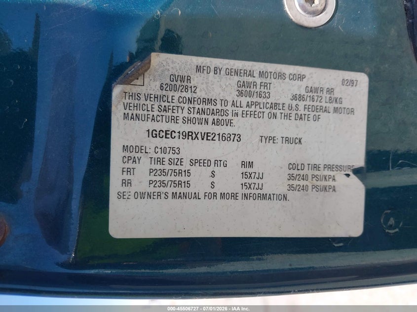 CHEVROLET C1500 1997 VIN 1GCEC19RXVE216873