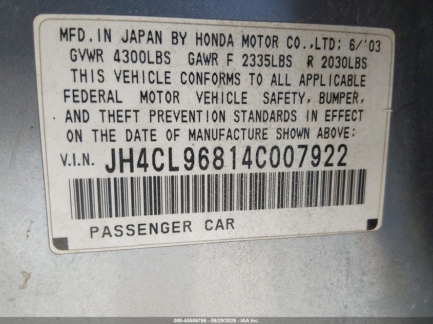 2004 Acura Tsx VIN: JH4CL96814C007922 Lot: 45506786