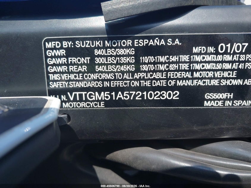 2007 Suzuki Gs500 VIN: VTTGM51A572102302 Lot: 45506798