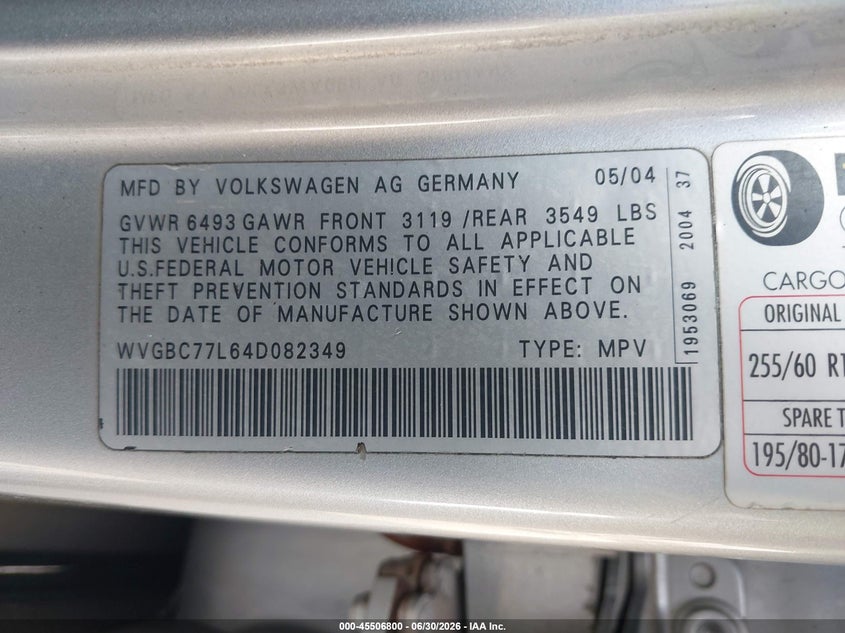 2004 Volkswagen Touareg V6 VIN: WVGBC77L64D082349 Lot: 45506800