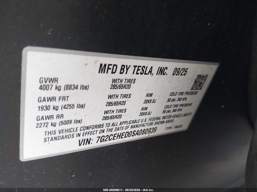 2025 Tesla Cybertruck All-Wheel Drive VIN: 7G2CEHED0SA080939 Lot: 45506811