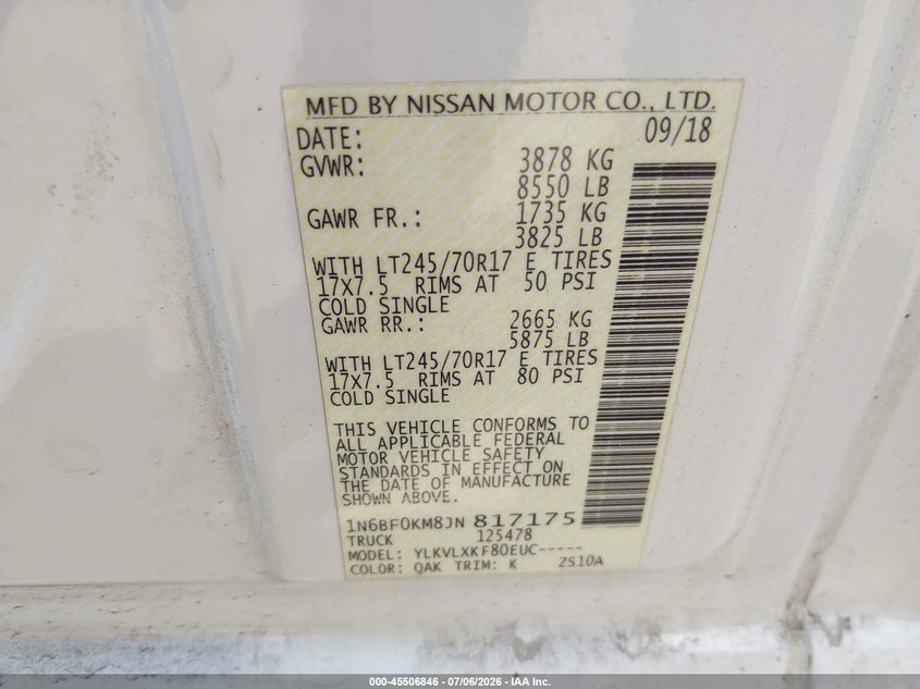 2018 Nissan Nv Cargo Nv1500 Sv V6 VIN: 1N6BF0KM8JN817175 Lot: 45506846