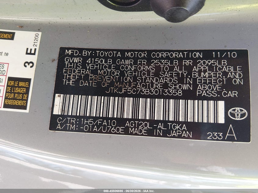 2011 Scion Tc VIN: JTKJF5C73B3013358 Lot: 45506886