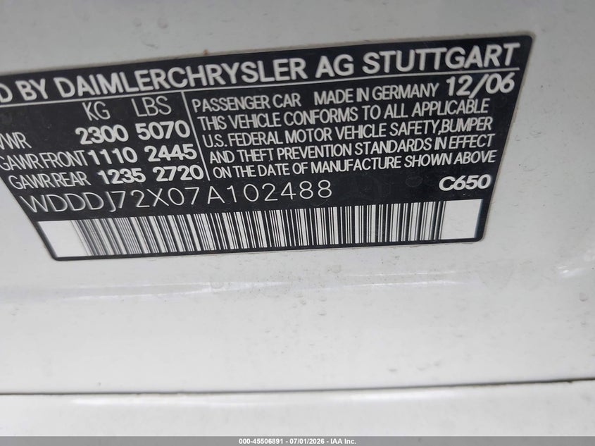 2007 Mercedes-Benz Cls 550 VIN: WDDDJ72X07A102488 Lot: 45506891