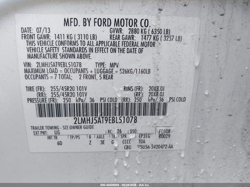 2014 Lincoln Mkt Ecoboost VIN: 2LMHJ5AT9EBL51078 Lot: 45506896