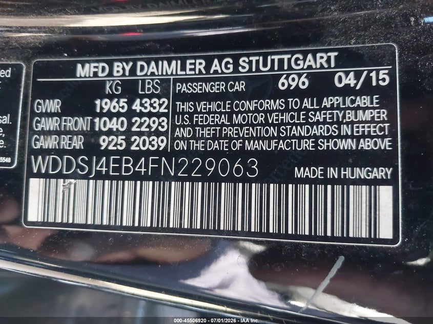 2015 Mercedes-Benz Cla 250 VIN: WDDSJ4EB4FN229063 Lot: 45506920
