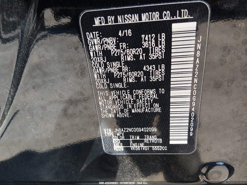 2016 Infiniti Qx80 VIN: JN8AZ2NC0G9402099 Lot: 45506983