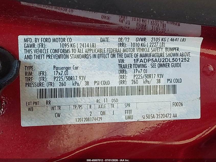 2013 Ford C-Max Hybrid Se VIN: 1FADP5AU2DL501252 Lot: 45507012