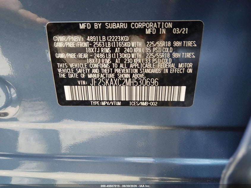2021 SUBARU FORESTER SPORT UTILITY VEHICLE 2.5L H-4 DI, DOHC, VVT, 182HP