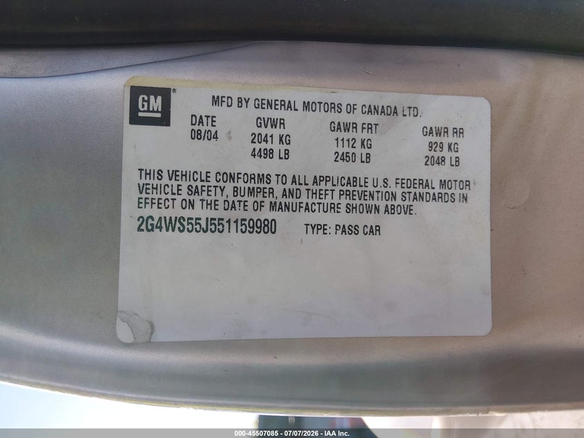 2005 Buick Century VIN: 2G4WS55J551159980 Lot: 45507085
