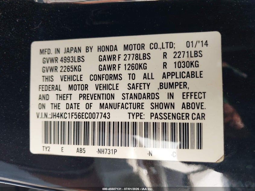 2014 Acura Rlx VIN: JH4KC1F56EC007743 Lot: 45507131