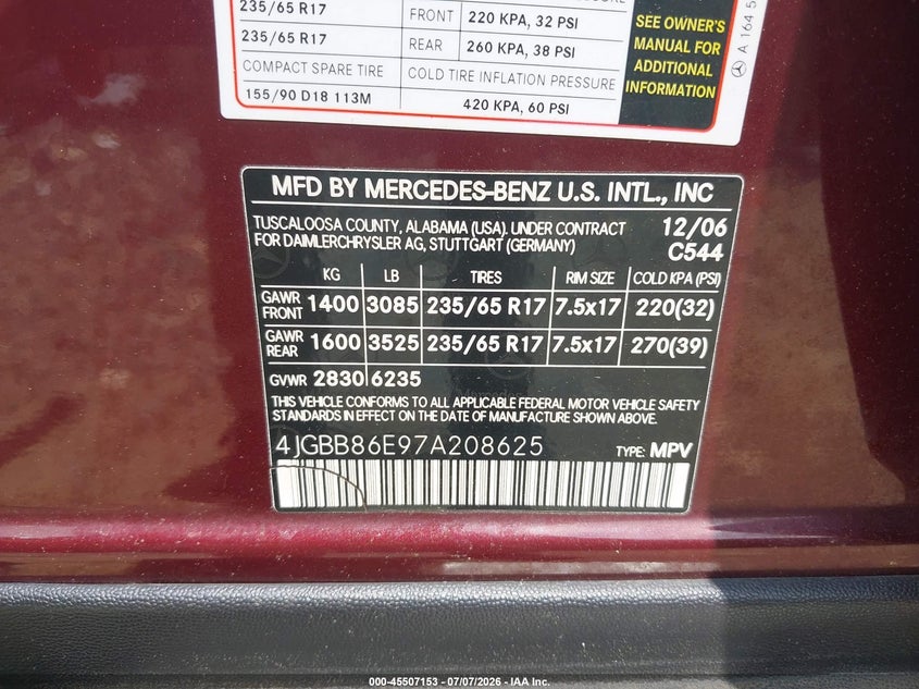 2007 Mercedes-Benz Ml 350 4Matic VIN: 4JGBB86E97A208625 Lot: 45507153