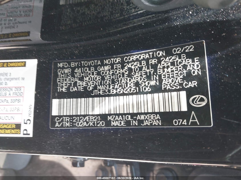 2022 Lexus Ux 200 F Sport VIN: JTHE3JBH5N2051106 Lot: 45507182