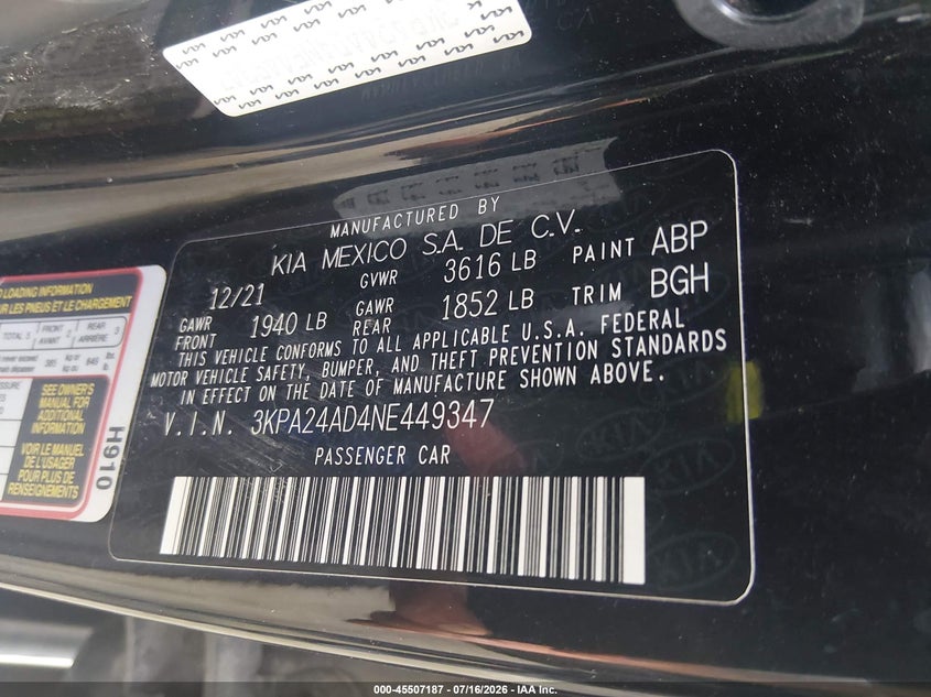 2022 Kia Rio S VIN: 3KPA24AD4NE449347 Lot: 45507187