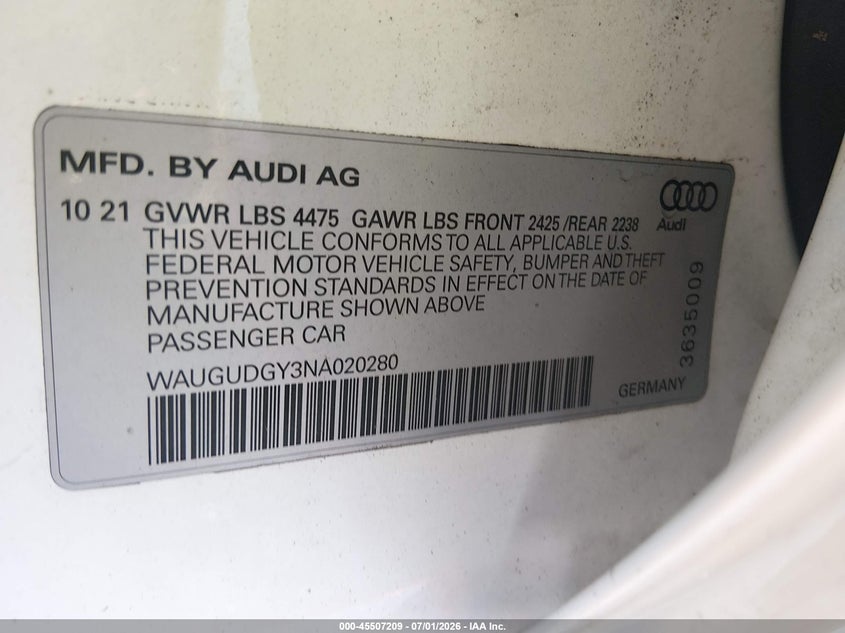 2022 Audi A3 Premium 40 Tfsi Quattro S Tronic VIN: WAUGUDGY3NA020280 Lot: 45507209