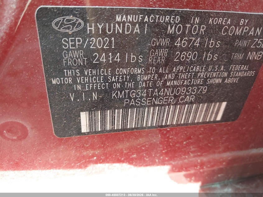 2022 Genesis G70 2.0T Rwd VIN: KMTG34TA4NU093379 Lot: 45507213