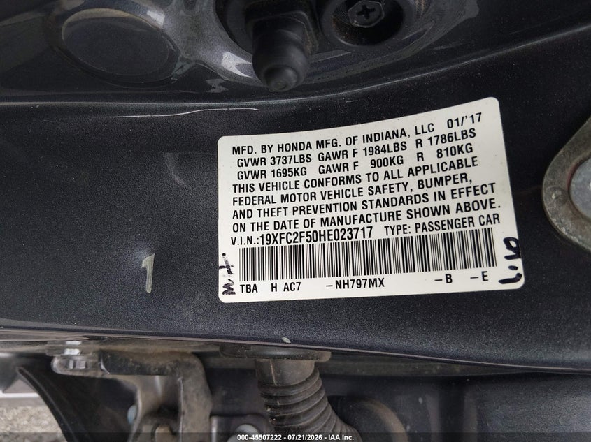 2017 Honda Civic Lx VIN: 19XFC2F50HE023717 Lot: 45507222