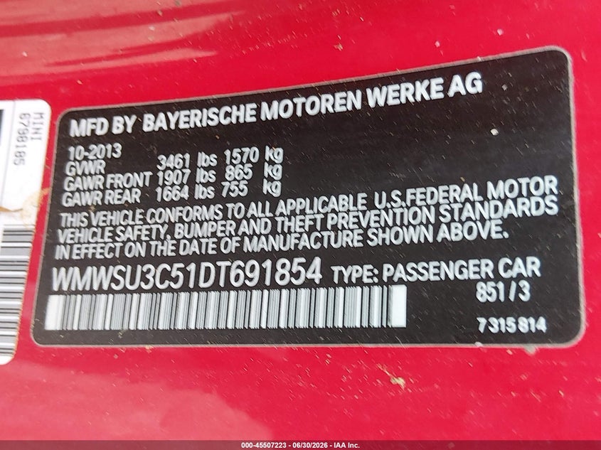 2013 Mini Hardtop Cooper VIN: WMWSU3C51DT691854 Lot: 45507223