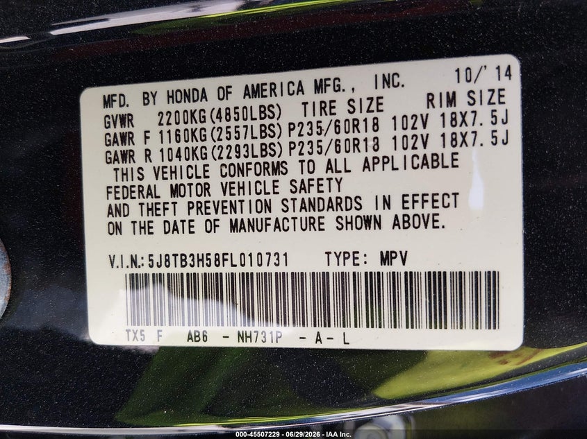 ACURA RDX 2015 VIN 5J8TB3H58FL010731