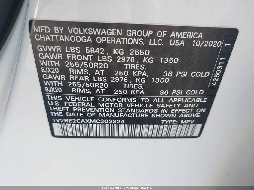 2021 Volkswagen Atlas Cross Sport 3.6L V6 Se W/Technology R-Line VIN: 1V2RE2CAXMC202324 Lot: 45507243
