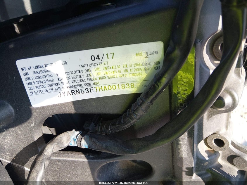 2017 Yamaha Fz09 VIN: JYARN53E7HA001838 Lot: 45507271