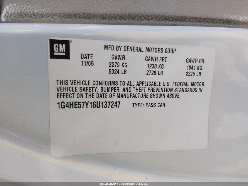 2006 Buick Lucerne Cxs VIN: 1G4HE57Y16U137247 Lot: 45507317
