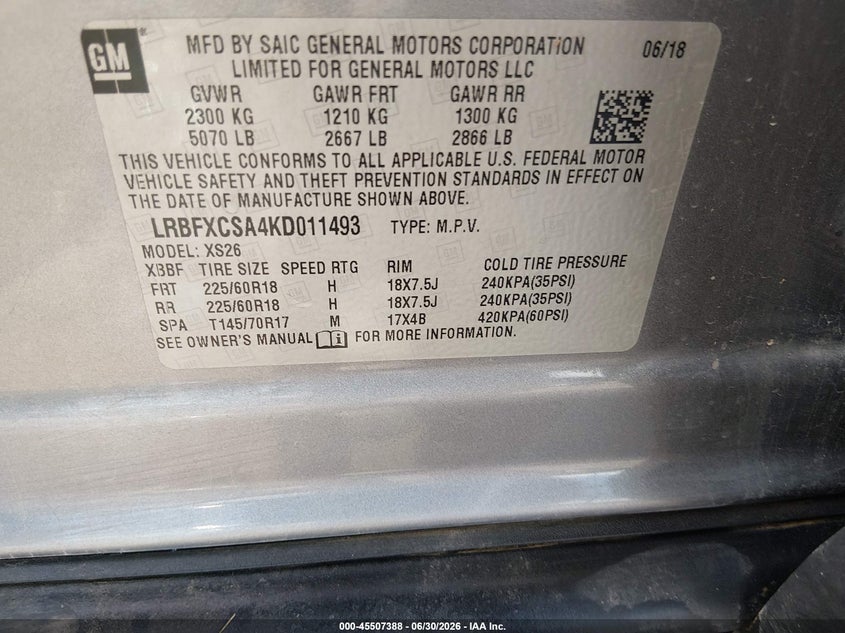 2019 Buick Envision Fwd Essence VIN: LRBFXCSA4KD011493 Lot: 45507388