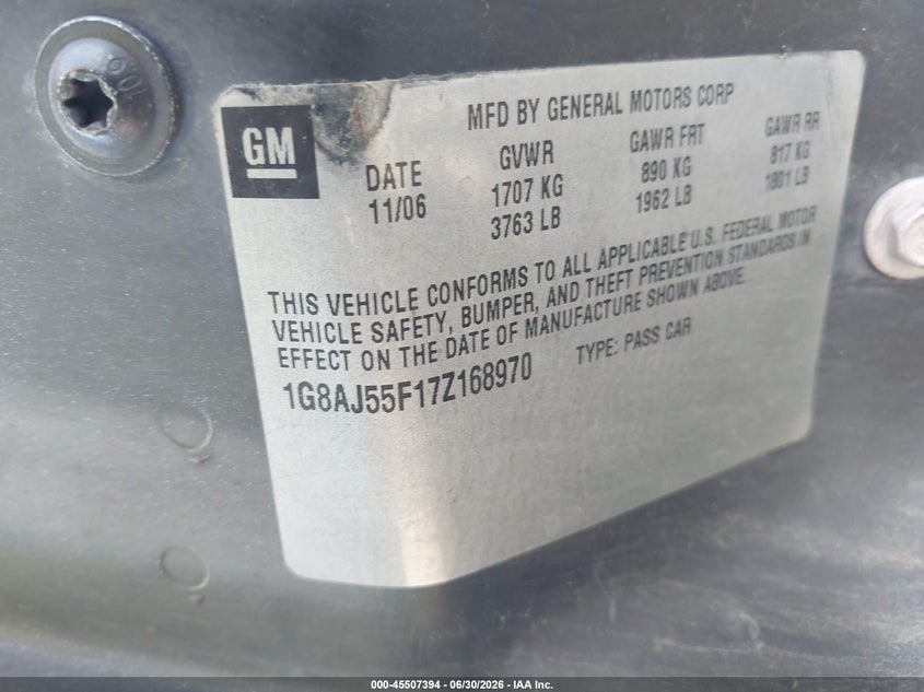 2007 Saturn Ion 2 VIN: 1G8AJ55F17Z168970 Lot: 45507394