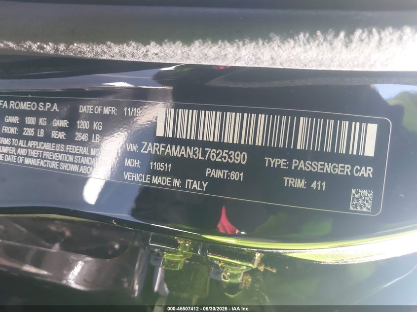 2020 Alfa Romeo Giulia Rwd VIN: ZARFAMAN3L7625390 Lot: 45507412