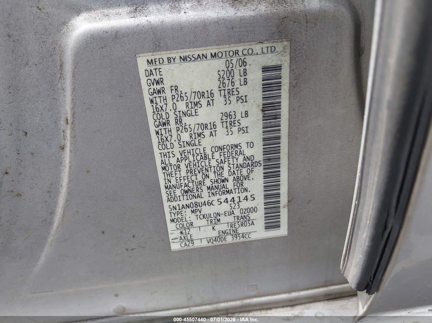 2006 Nissan Xterra X VIN: 5N1AN08U46C544145 Lot: 45507440