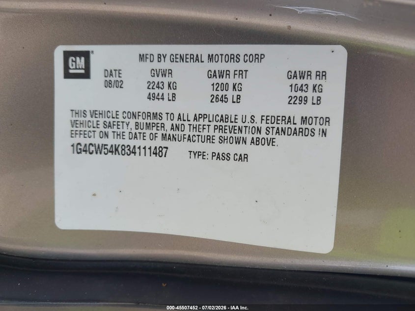 2003 Buick Park Avenue VIN: 1G4CW54K834111487 Lot: 45507452