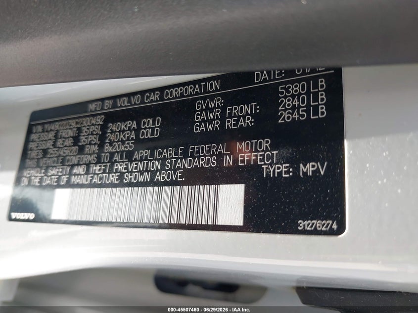 2012 Volvo Xc60 T6 Platinum VIN: YV4902DZ9C2300492 Lot: 45507460