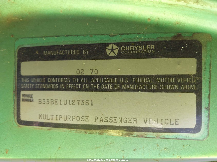 1972 Dodge Ram Van VIN: B33BE1U127381 Lot: 45507484